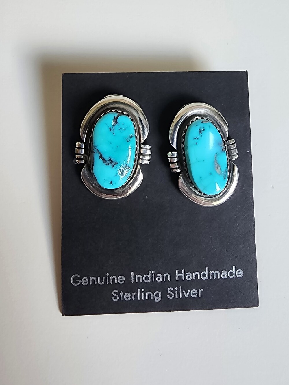 Vintage Navajo Sterling Silver Turquoise Shadowbox Chunky Post Earrings On Card